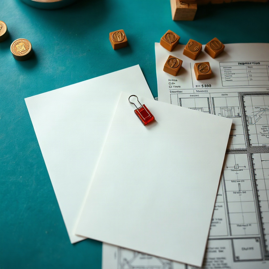 Overlapping inspection sheets on a teal desk