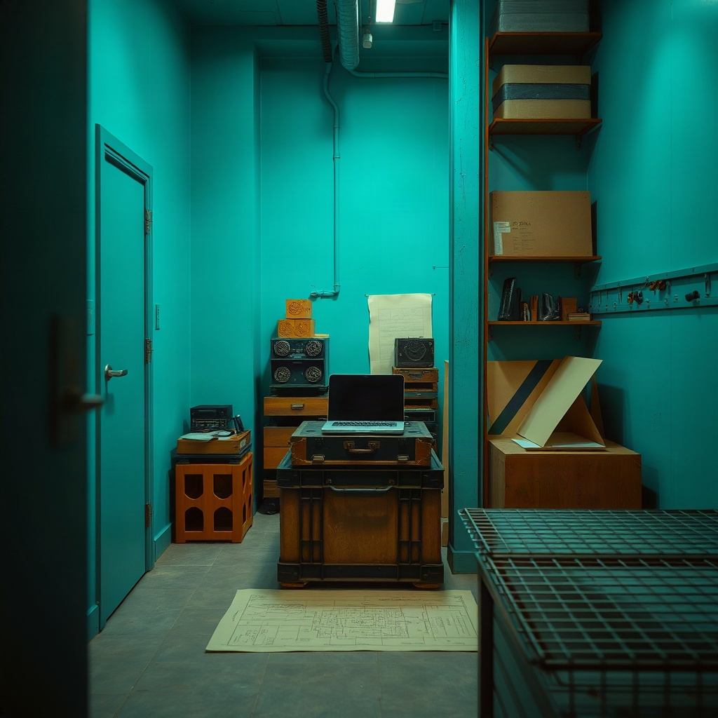 Teal storage room with a laptop on a crate