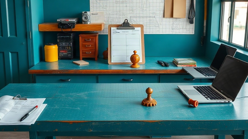 Workshop bench with a clipboard, stamp, and inspected objects